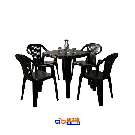 Jogo Poltronas Paraty 182kg Belfix e Mesa Coruripe 70x70cm Preta Solplast
