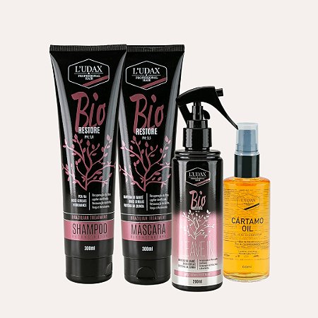 KIT SHAMPOO RECONSTRUTOR BIO RESTORE 300ML + MÁSCARA RECONSTRUTORA BIO RESTORE 300GR + LEAVE IN RECONSTRUTOR L’UDAX 200ML + ÓLEO DE TRATAMENTO CÁRTAMO OIL