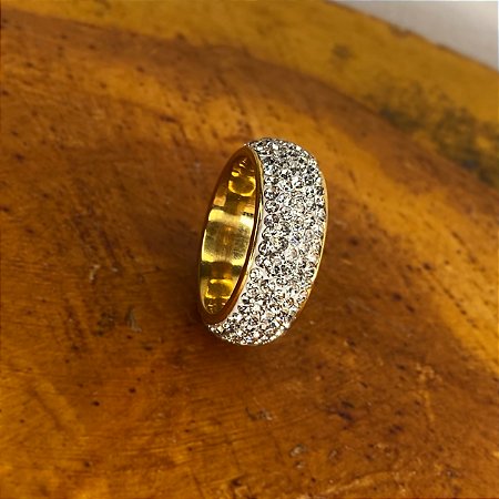 Anel Masculino Aliança Cravejado Zircônia Dourado