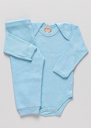 Conjunto body e calça canelados na cor azul claro