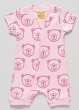 Macacão Curto Bebê Verão Suedine Urso Rosa