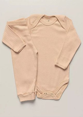 Conjunto body e calça canelados na cor café com leite
