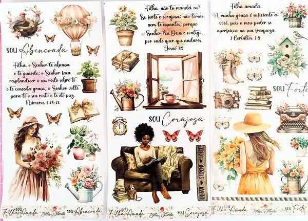 Adesivos Transparentes Slim: Filha Amada - 3 unidades (Sou corajosa / Sou forte / Sou abençoada) - Bible Journaling