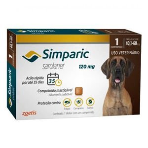 Antipulgas, Carrapatos e Sarnas Simparic 120mg Cães de 40,1 a 60kg - 1 Comprimido