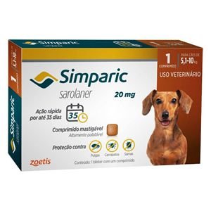 Antipulgas, Carrapatos e Sarnas Simparic 20mg Cães de 5,1 a 10kg - 1 Comprimido