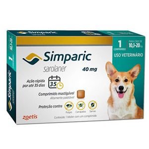 Antipulgas, Carrapatos e Sarnas Simparic 40mg Cães de 10,1 a 20kg - 1 Comprimido