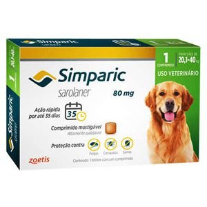 Antipulgas, Carrapatos e Sarnas Simparic 80mg Cães de 20,1 a 40kg - 1 Comprimido