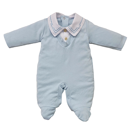 Macacão longo gola V bordada com botões bebê algodão egípcio