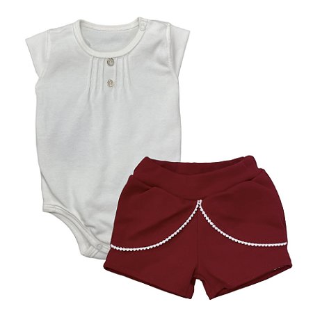 Conjunto body botões com shorts renda guipir bebê em algodão egípcio