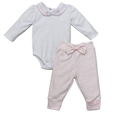 Conjunto body gola bordada com calça laço bebê algodão egípcio