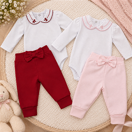 Conjunto body gola bordada com calça laço bebê algodão egípcio