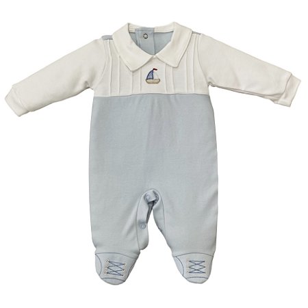 Macacão longo bordado barquinho bebê algodão egípcio