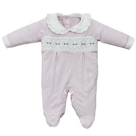 Macacão longo casa de abelha bordada bebê algodão egípcio