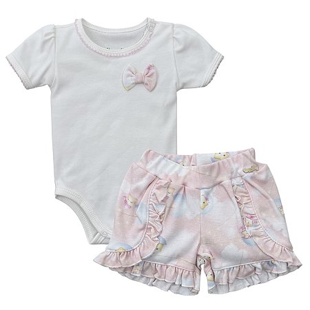 Conjunto body laço com shorts babado bebê em algodão egípcio