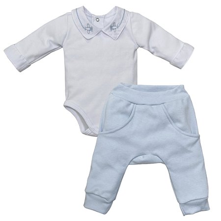 Conjunto body gola bordada com calça bebê em algodão egípcio