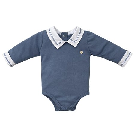 Body manga longa gola e punhos bordados bebê algodão egípcio