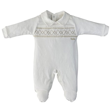 Macacão longo casa de abelha bordada bebê algodão egípcio