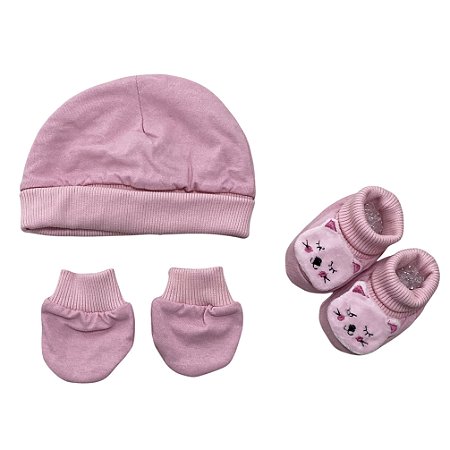 Kit touca, luva e sapatinho gatinha em malha bebê