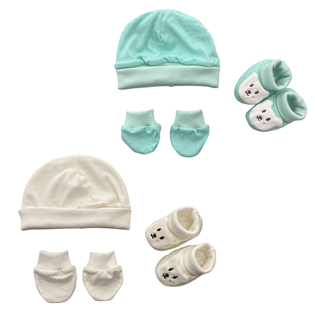 Kit touca, luva e sapatinho ursinho em malha bebê