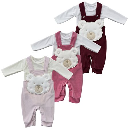 Macacão jardineira urso com body em plush bebê