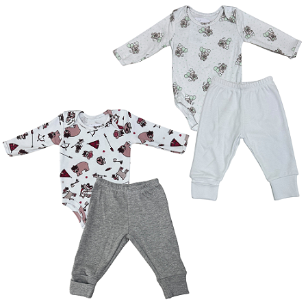 Conjunto body longo com calça neutro bebê em suedine