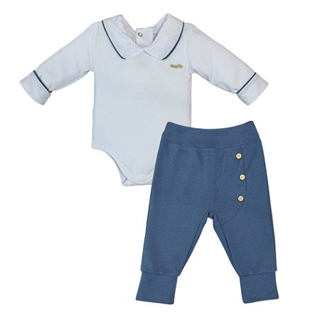 Conjunto body longo viés com calça botões bebê algodão egípcio