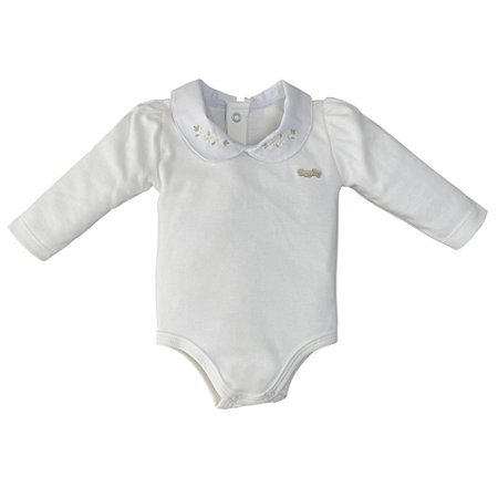 Body manga longa gola bordada flores bebê algodão egípcio