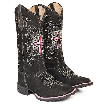 compre Bota Texana Feminina Preto Cruz Rosa Sola Preta Bico Quadrado - LM  Boots Botas Texanas