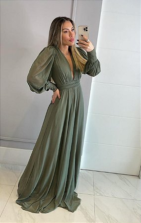Vestido Longo Atena Verde Oliva Escuro