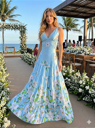 Vestido Longo Estampado da Vinci Azul Serenity