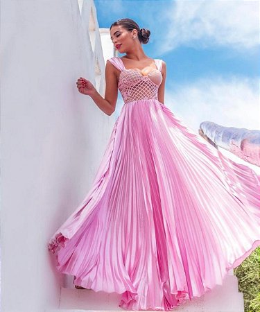 Vestido Longo Plissado Antonella Rosa