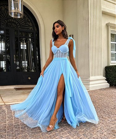 Vestido Longo Megan Pied Poule Azul Serenity