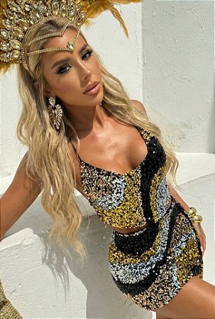 Conjunto em Paetê Copacabana Preto C/ Dourado