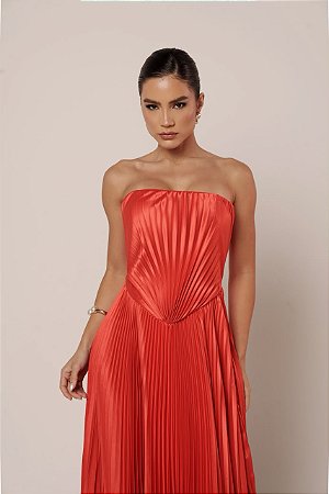 Vestido Longo Plissado Tomara que Caia Cindy Laranja