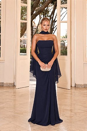Vestido Longo Chiffon Salerno Azul Marinho