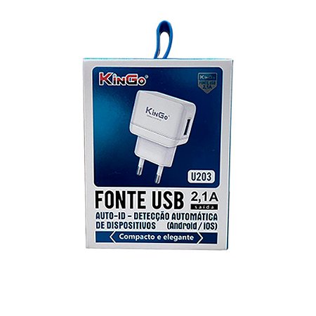 ADAPTADOR FONTE USB KINGO 2.1A U203 ANDROID/IOS COMPACTO