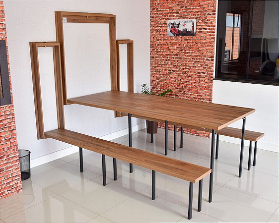 Conjunto Mesa Dobrável de Parede 9 Lugares (2,15 metros) + Bancos