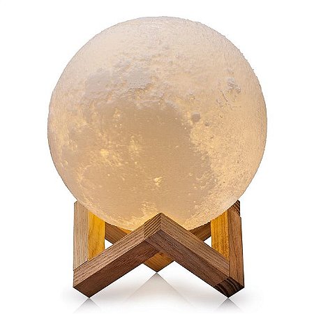 Luminária Lua Cheia 3D 15cm - Base Madeira - 5 Cores de Iluminação