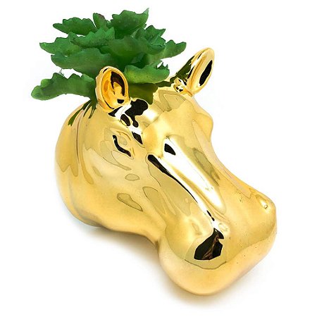 Vaso de Parede Cachepot Hipopótamo Dourado Cerâmica