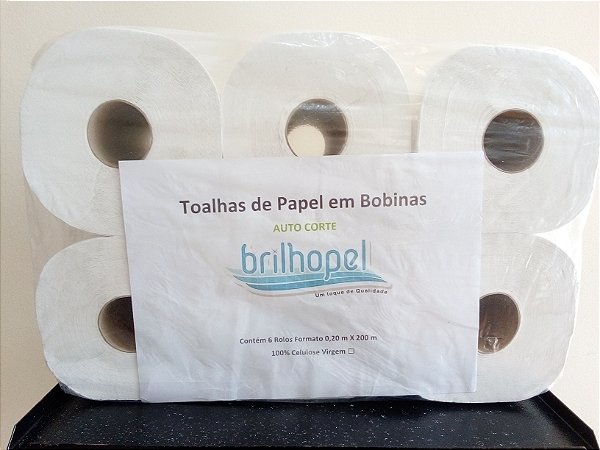 PAPEL TOALHA BOBINA DE AUTO CORTE - 6 ROLOS 0,20 M X 200 M