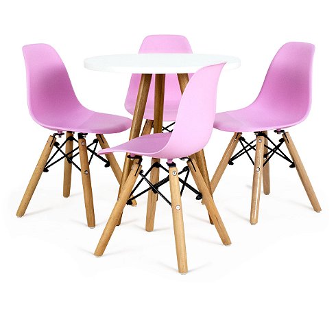 Mesa Infantil Branca 50cm Redonda trípe 4 Cadeiras Eiffel Rosa-Bebê