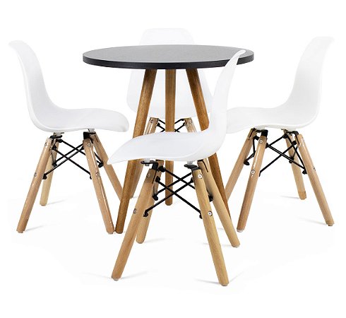 Mesa Infantil Preta 50cm Redonda trípe 4 Cadeiras Eiffel Branco