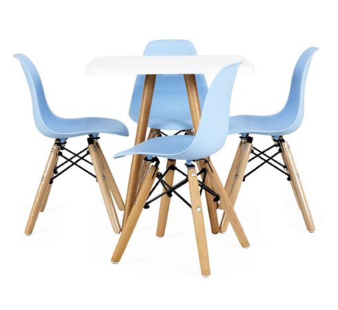 Mesa Infantil Branca 50cm Quadrada trípe 4 Cadeiras Eiffel Azul Claro