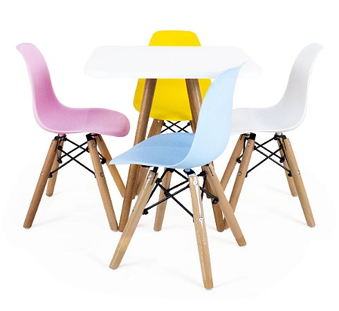 Mesa Infantil Branca 50cm Quadrada Tripé + 4 Cadeiras Eiffel Colorido