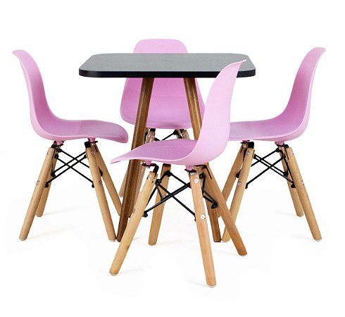 Mesa Infantil Preta 50cm Quadrada trípe 4 Cadeiras Eiffel Rosa-Bebê