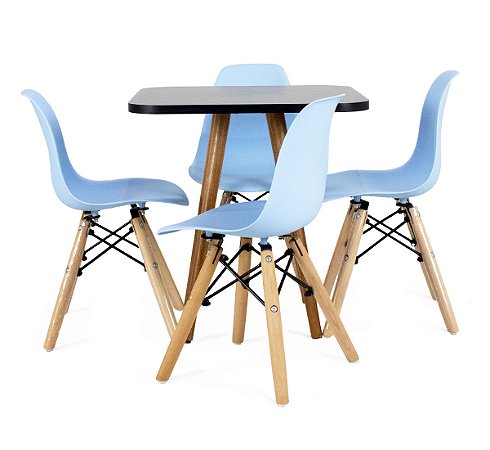 Mesa Infantil Preta 50cm Quadrada trípe 4 Cadeiras Eiffel Azul Claro