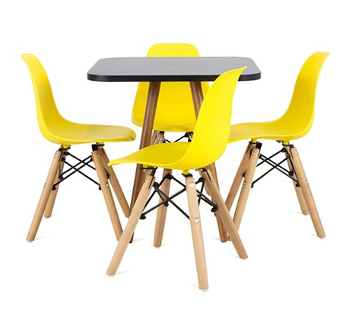 Mesa Infantil Preta 50cm Quadrada trípe 4 Cadeiras Eiffel Amarelo