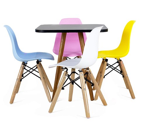 Mesa Infantil Preta 50cm Quadrada Trípe 4 + Cadeiras Eiffel Colorido