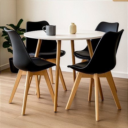 Mesa de Jantar Redonda Sofia 90cm Branca com 4 Cadeiras Siena Preta
