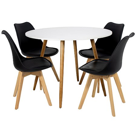 Mesa de Jantar Redonda Sofia 90cm Branca com 4 Cadeiras Siena Preta